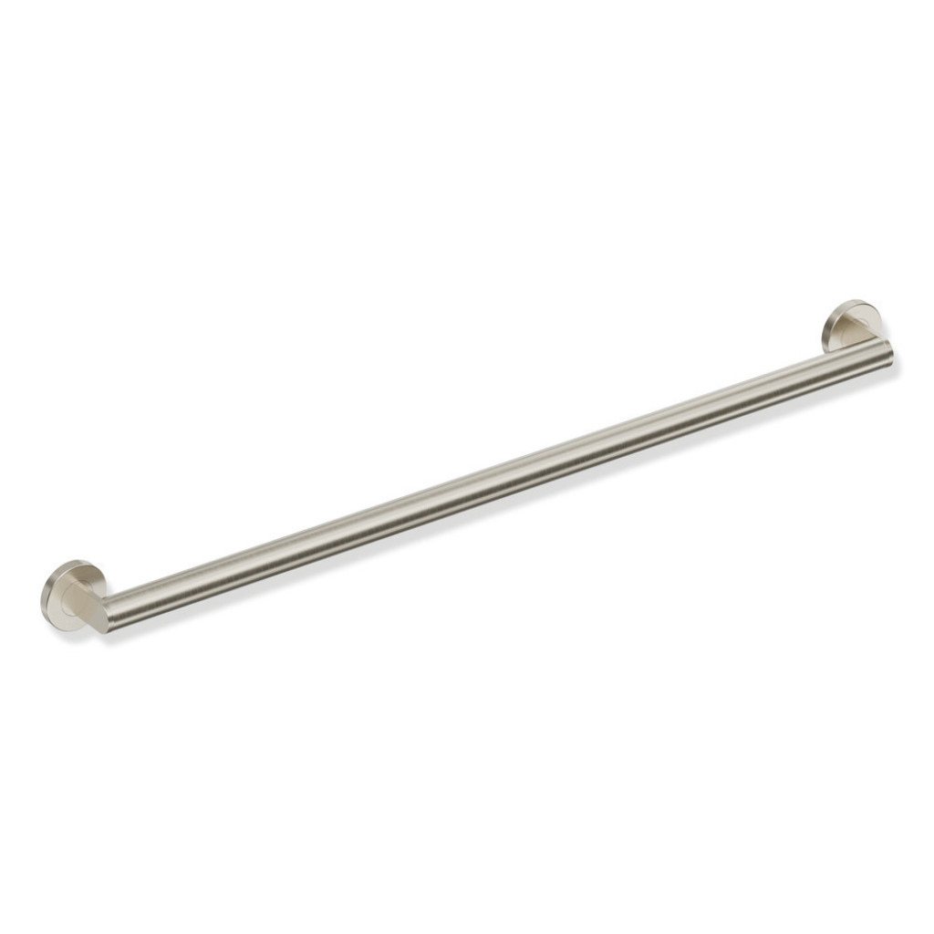 Polished brass Hewi 900 ADA grab bar support rail, a straight round bar with wall flanges.