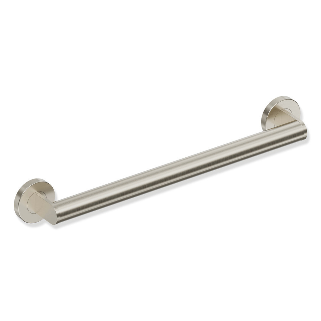 Polished chrome Hewi 900 ADA grab bar support rail, a straight round bar with wall flanges.