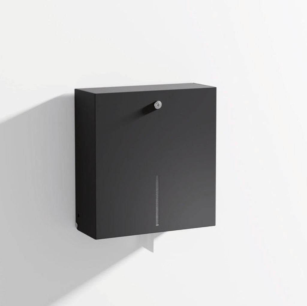 Black Hewi 900 large toilet roll holder seen at an angle.
