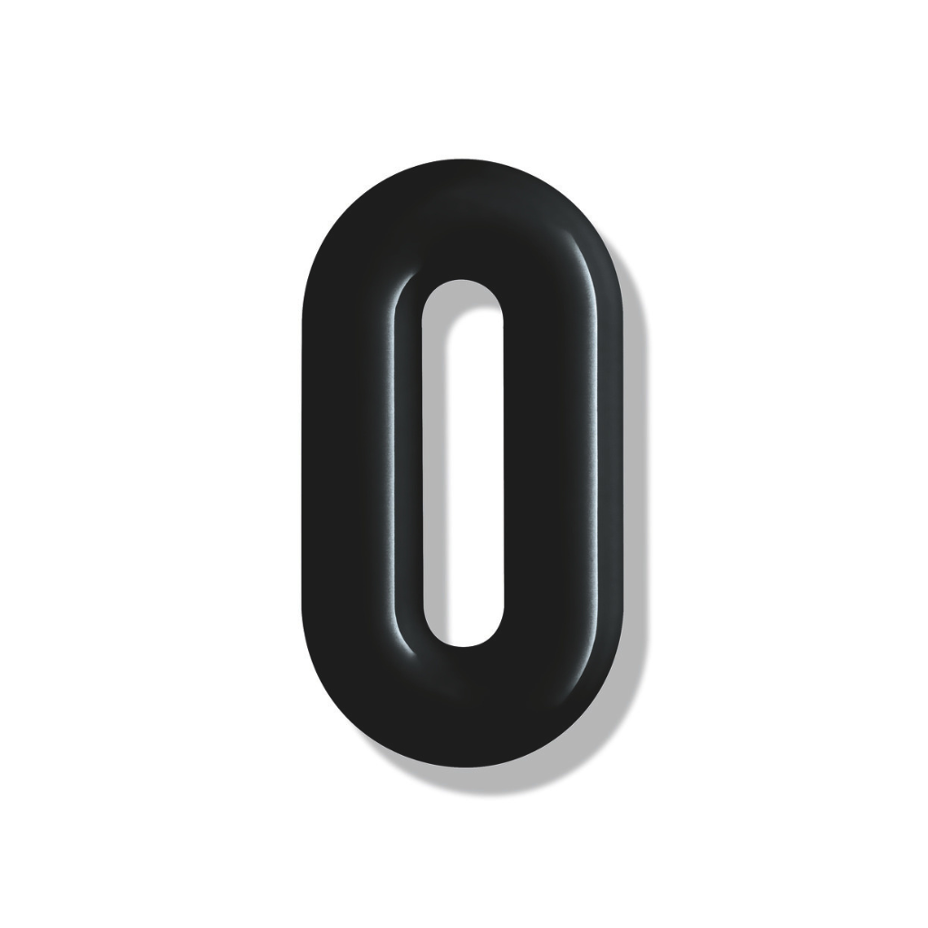 Matte black Hewi house numeral 0, a rounded sans-serif number for wall mounting.