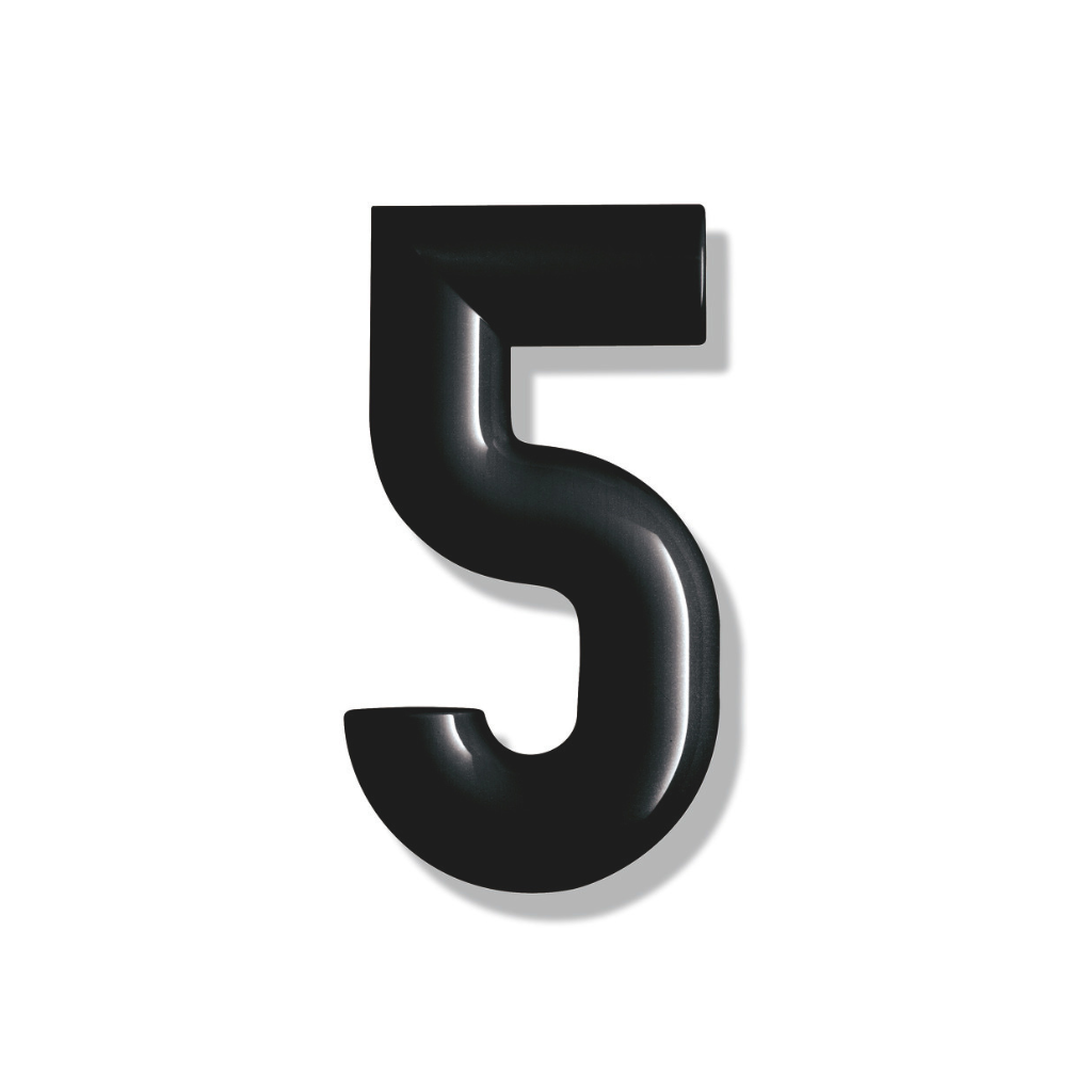 Matte black Hewi house numeral 5, a rounded sans-serif number for wall mounting.