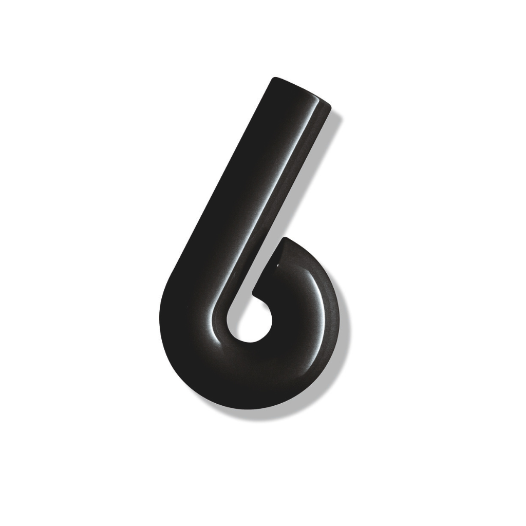 Matte black Hewi house numeral 6, a rounded sans-serif number for wall mounting.