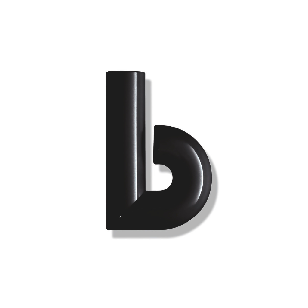 Matte black Hewi house letter b, a rounded sans-serif character for wall mounting.