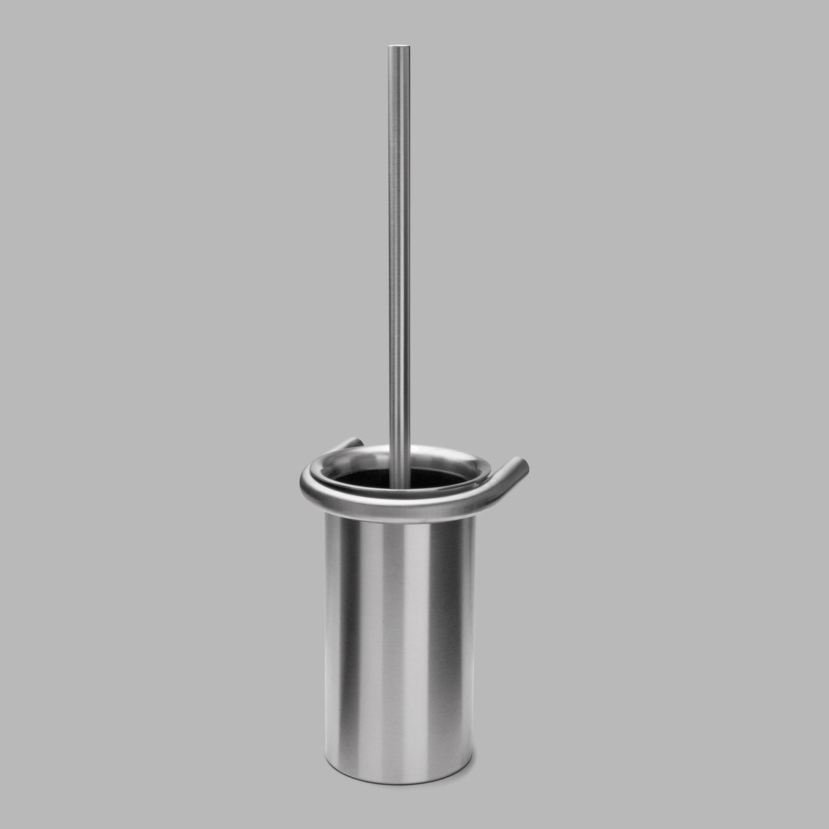 Satin stainless steel d line Knud toilet brush holder, a slim cylinder.