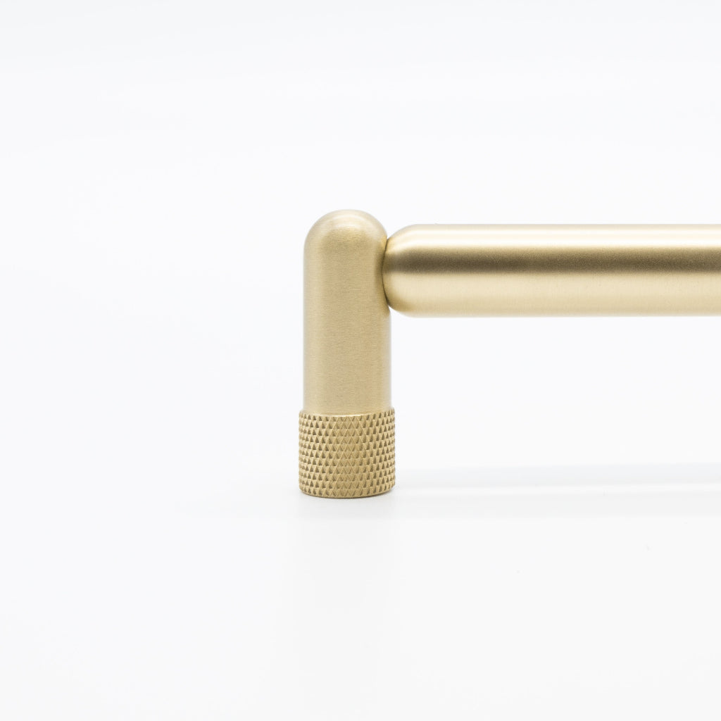 Satin brass Hapny Home knurled appliance pull, showing the knurled corner leg.