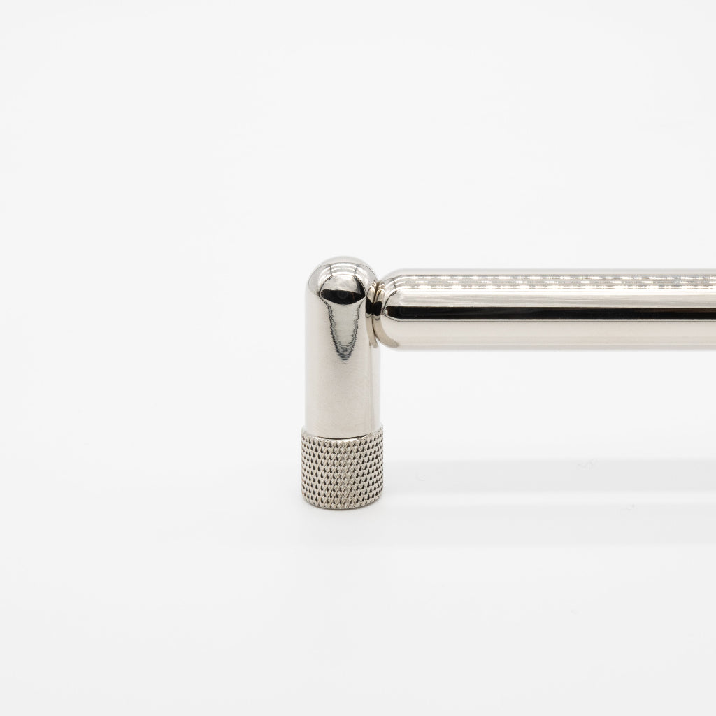 Polished nickel Hapny Home knurled appliance pull, showing the knurled corner leg.
