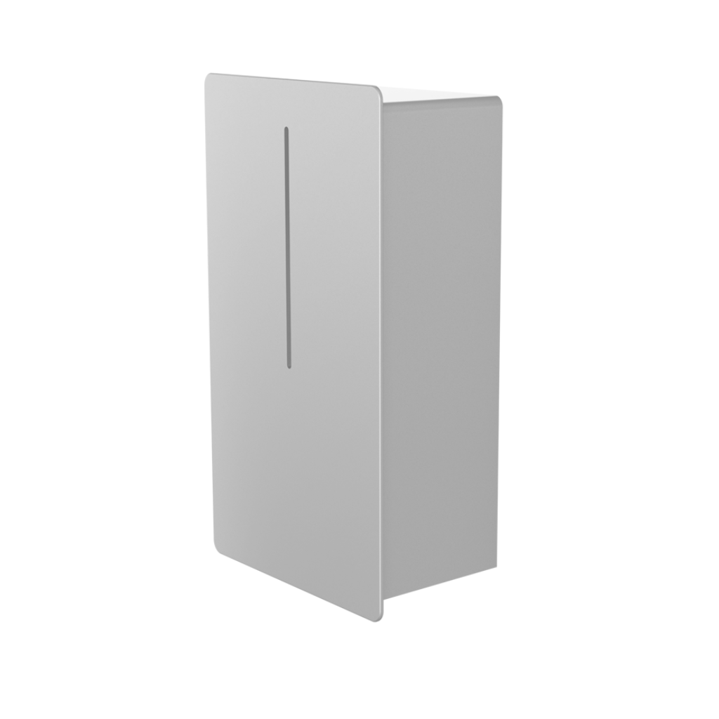 Satin steel Dan Dryer LOKI sanitary bin, seen at an angle.
