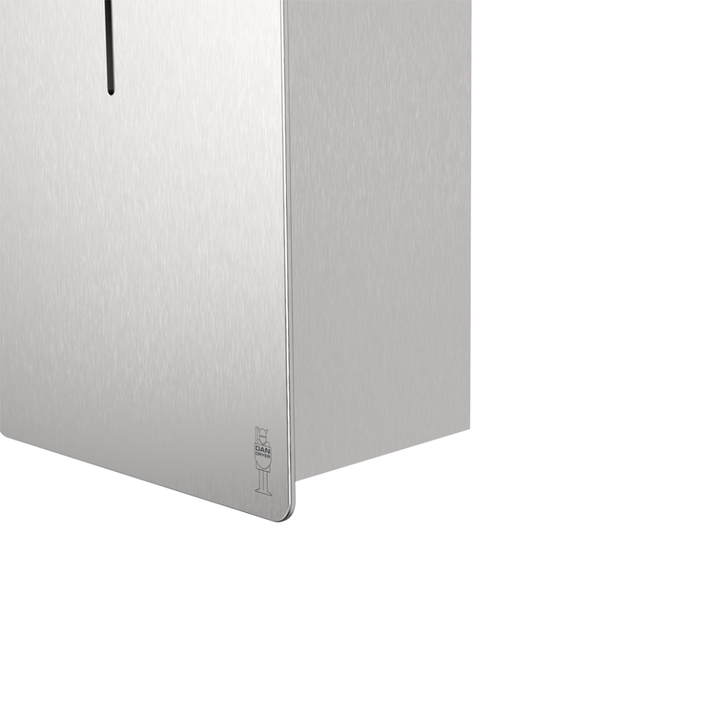 Satin steel Dan Dryer LOKI sanitary bin, seen open.