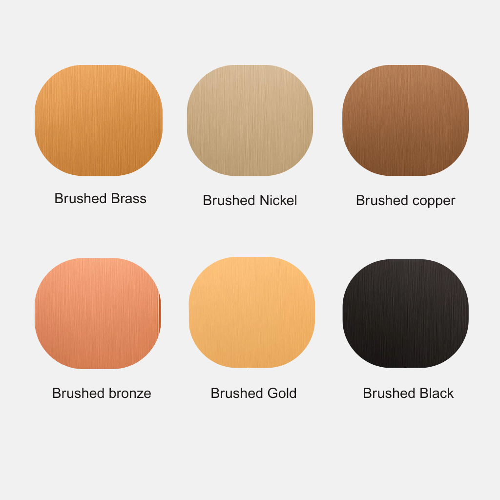 Finish chart for the Dan Dryer cantilever grab bar: brushed brass, nickel, copper, bronze, gold and black.