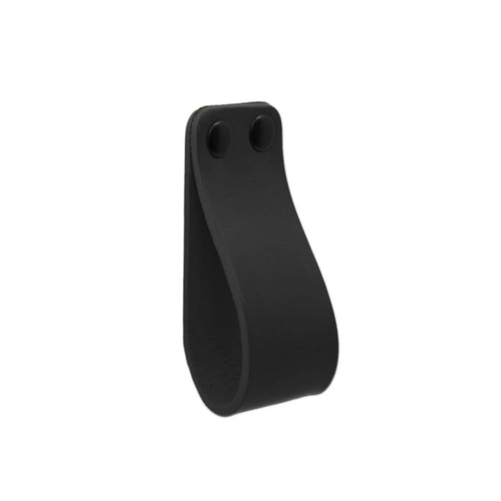 black leather loop cabinet pull with 2 black capped fasteners from Chapman and Bose