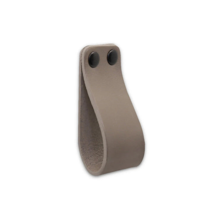 taupe leather loop cabinet pull with 2 black capped fasteners from Chapman and Bose