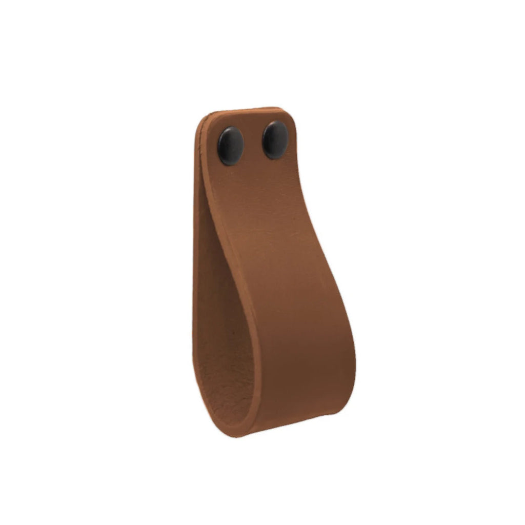 whiskey brown leather loop cabinet pull with 2 black capped fasteners from Chapman and Bose