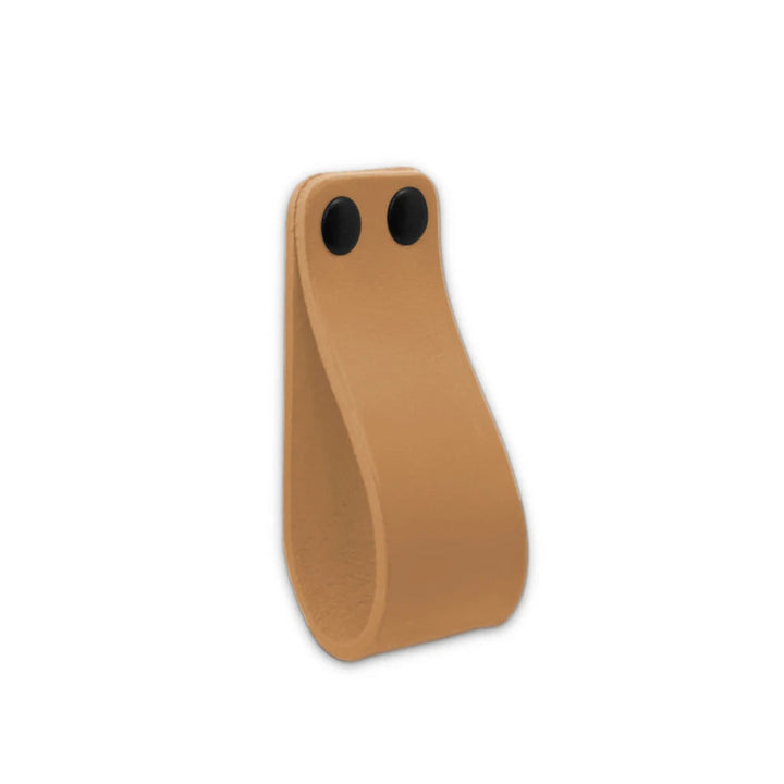 natural vegetable tanned leather loop cabinet pull with 2 black capped fasteners from Chapman and Bose