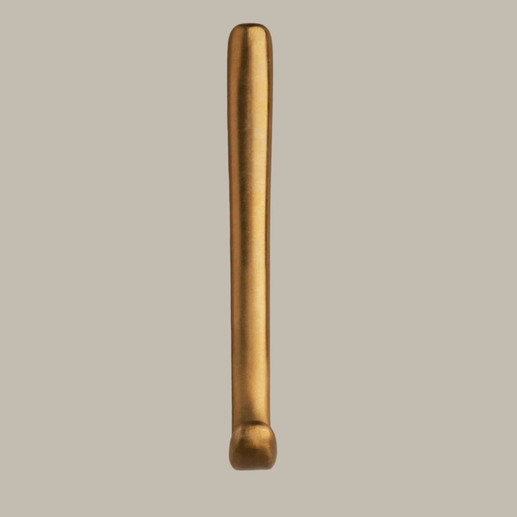 Long J shaped hook in amber brass, front view.
