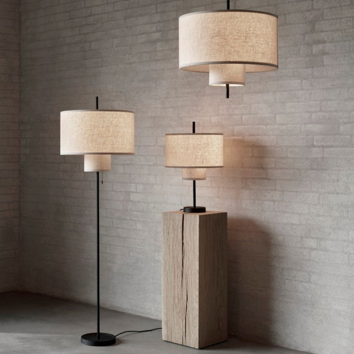 a group of round, tiered lamps