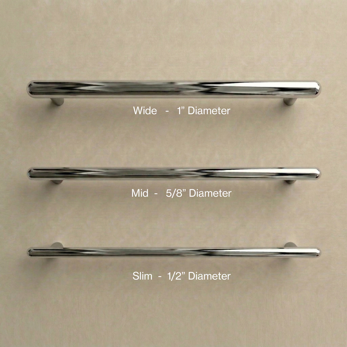 Polished stainless steel Chapman & Bose bar pulls shown in wide, mid and slim diameters.