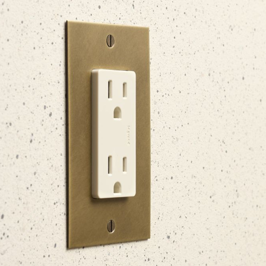 Aged brass Forbes & Lomax plate with a white US outlet.