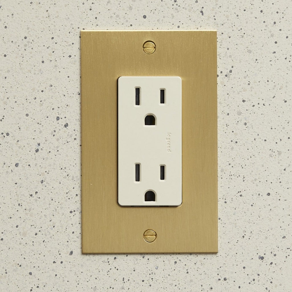 Aged brass Forbes & Lomax plate with a white US outlet.