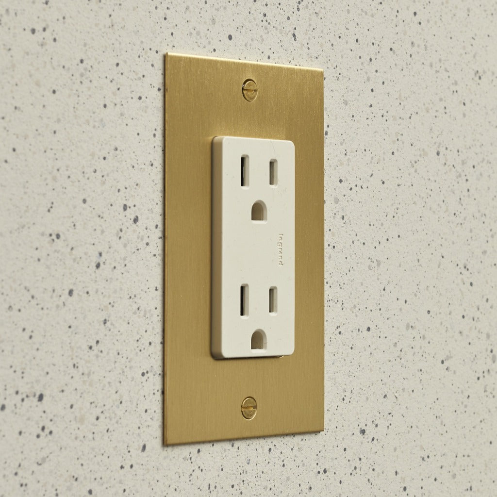 Aged brass Forbes & Lomax plate with a white US outlet.