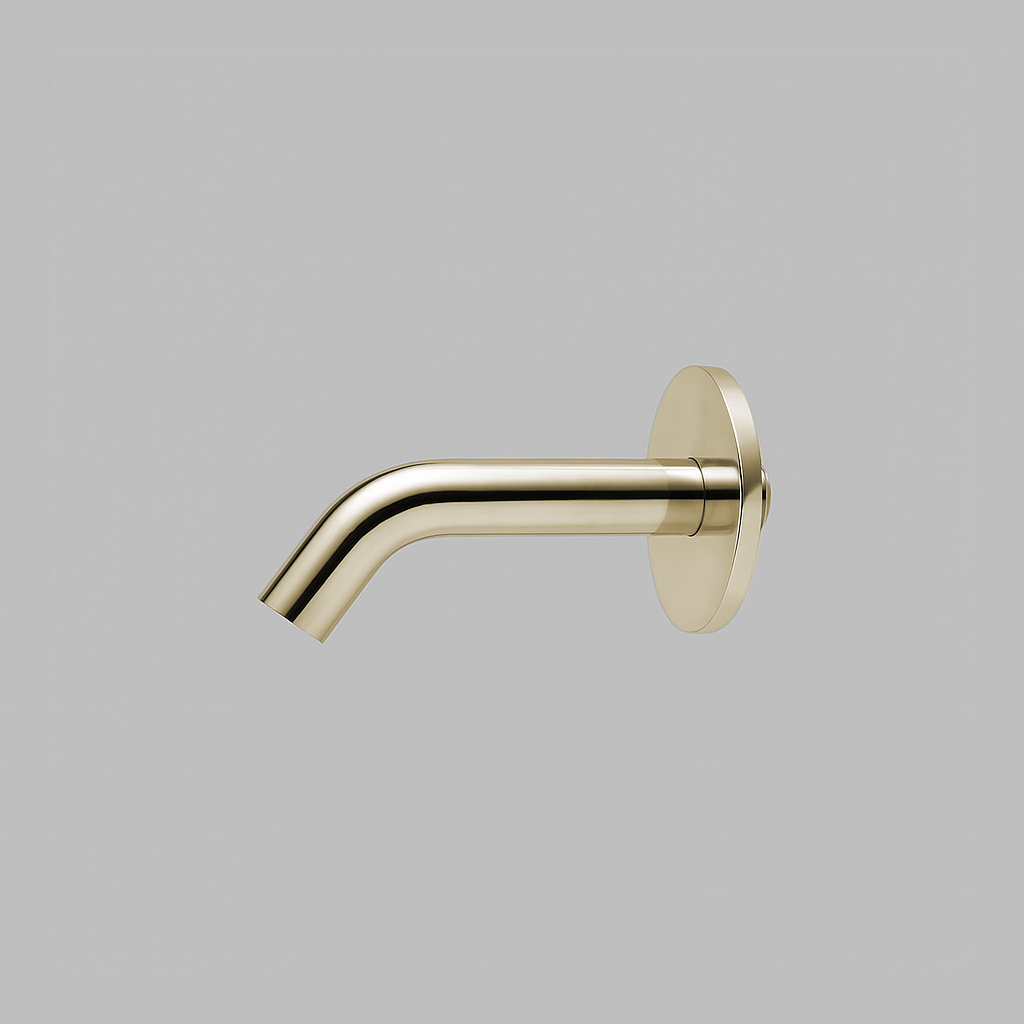 Satin stainless steel d line Qtoo wall-mounted tap spout, a slim curved spout on a round rose.