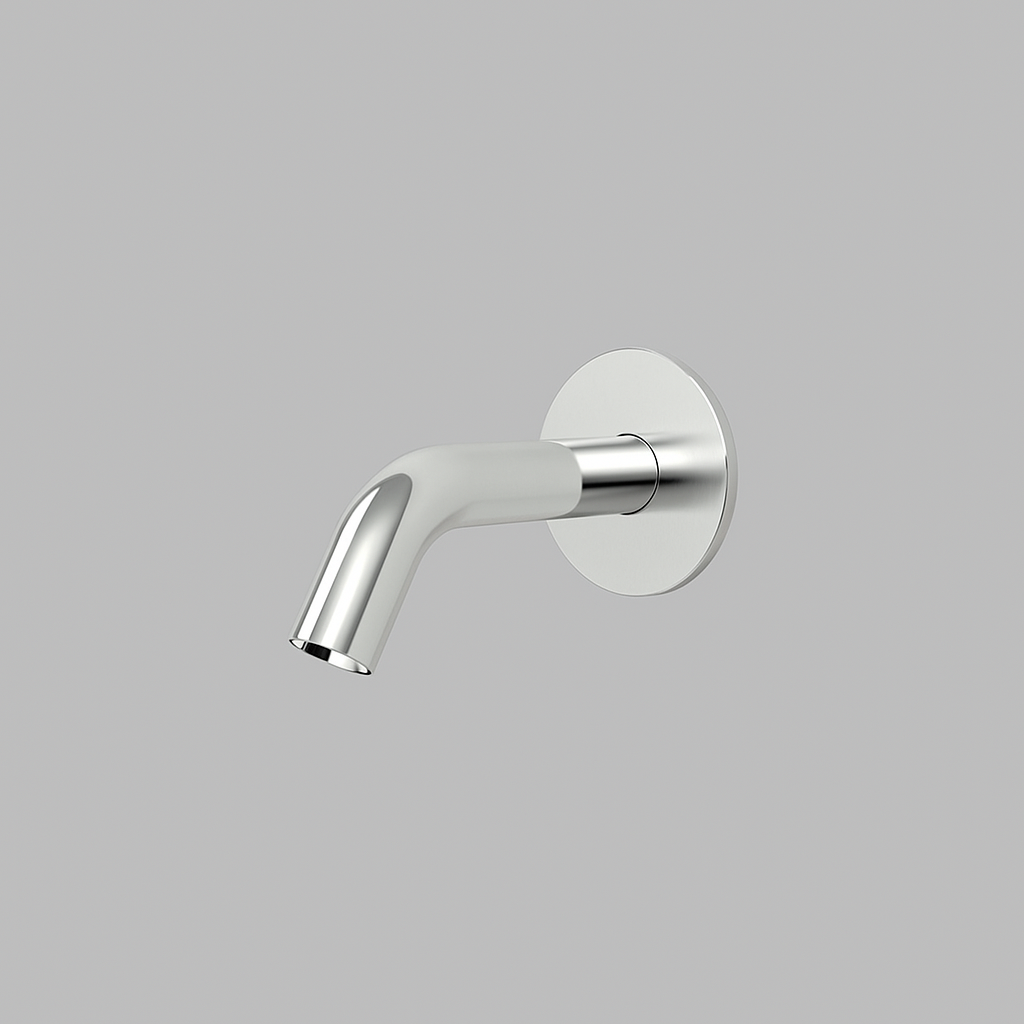 Satin stainless steel d line Qtoo wall-mounted touchless soap dispenser spout.