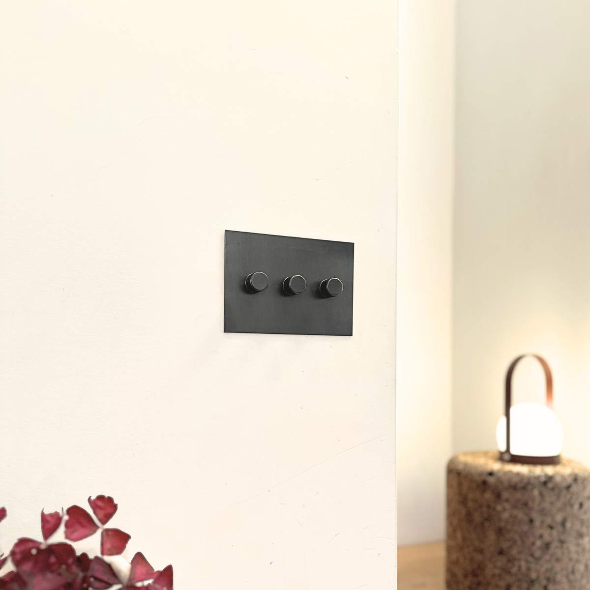 A wall with a black Forbes & Lomax plate holding three dimmers.