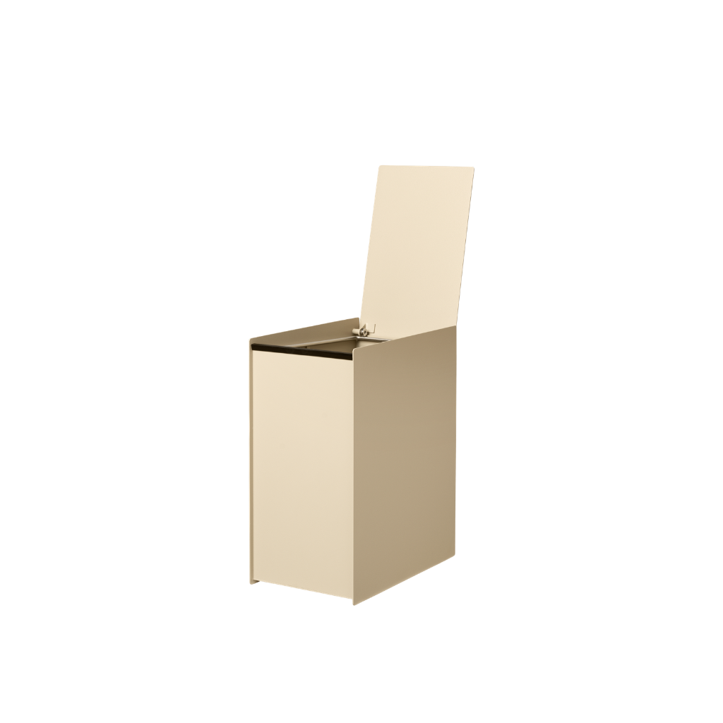Ferm Living Sama Bin in cashmere powder-coated steel with an open lid and removable inner bucket on a white background.