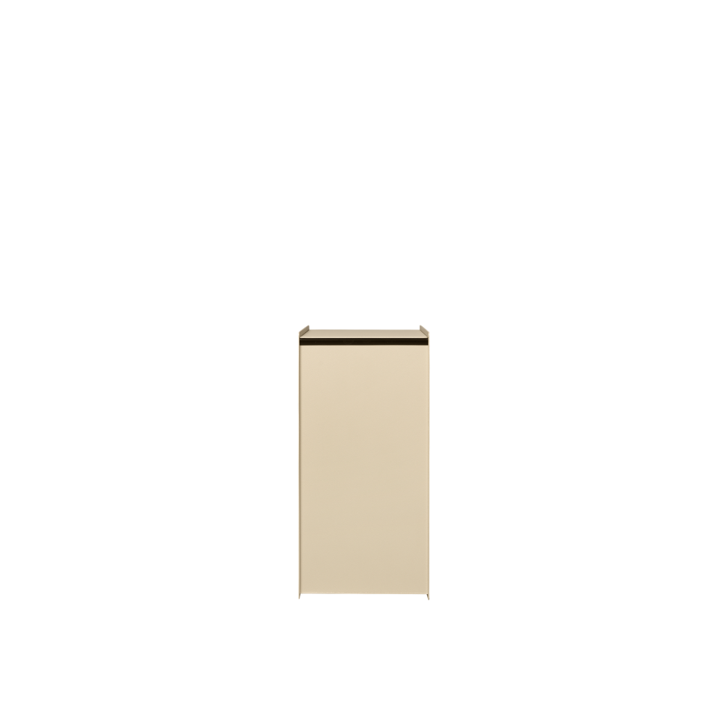 Ferm Living Sama Bin in cashmere powder-coated steel with a minimalist, sculptural rectangular design on a white background.