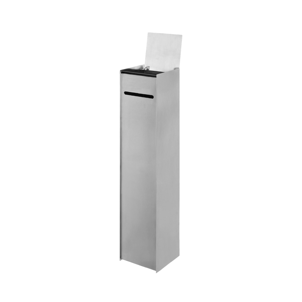 Tall, brushed stainless steel Sama toilet paper dispenser with a modern, geometric design on a white background.