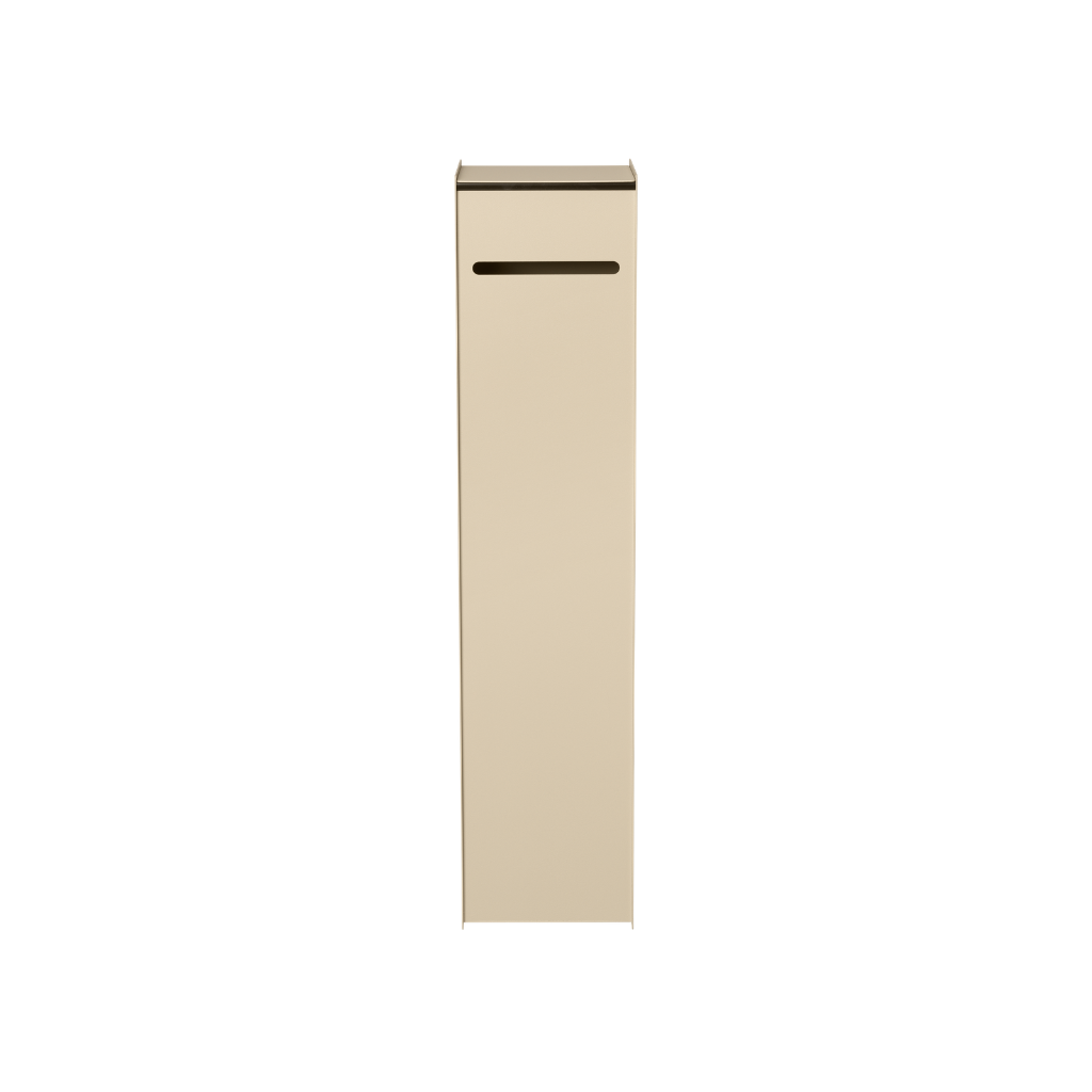 Tall, minimalist Sama toilet paper dispenser in cashmere stainless steel with a sleek, geometric vertical design.