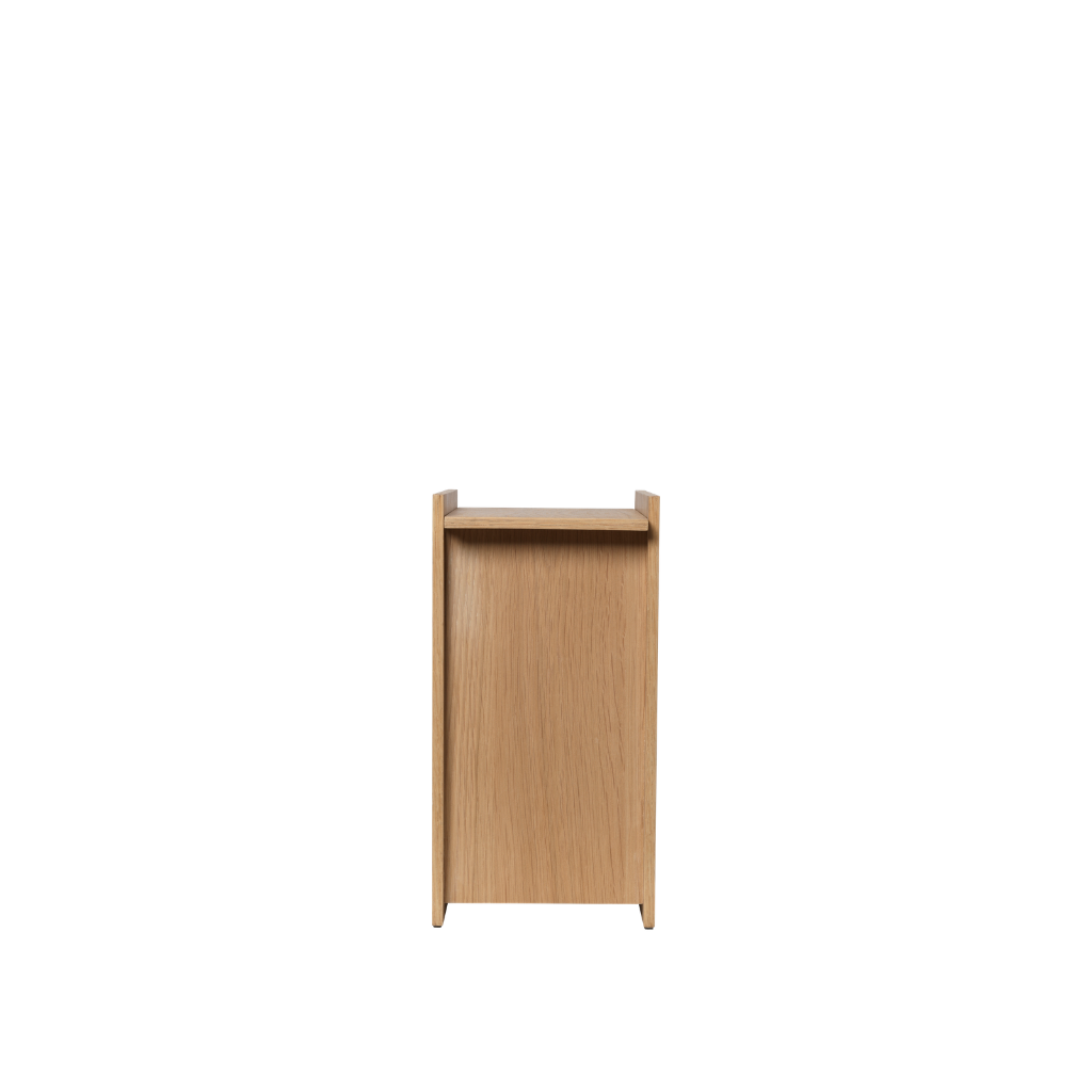 Modern Sama wooden bin in light oak veneer with a sharp, geometric design on a plain white background.