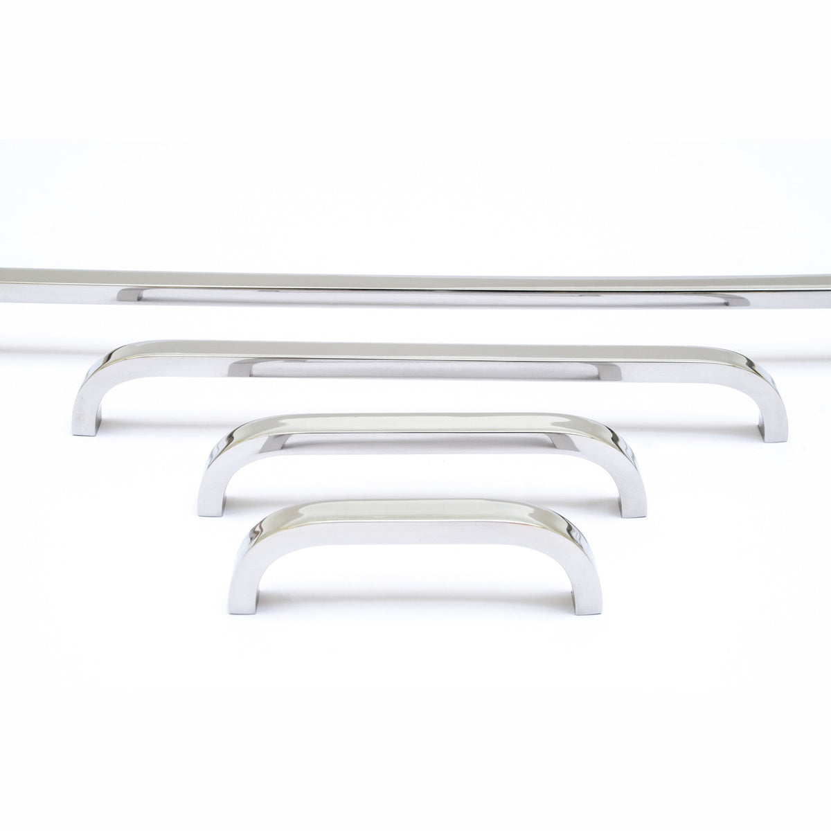 A set of three Baccman Berglund Slim Pull chrome door handles on a white background.