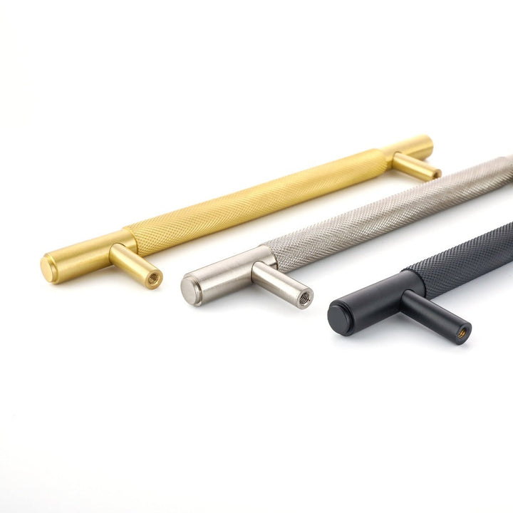 Specter Knurled Cabinet Pull in brass, silver and black
