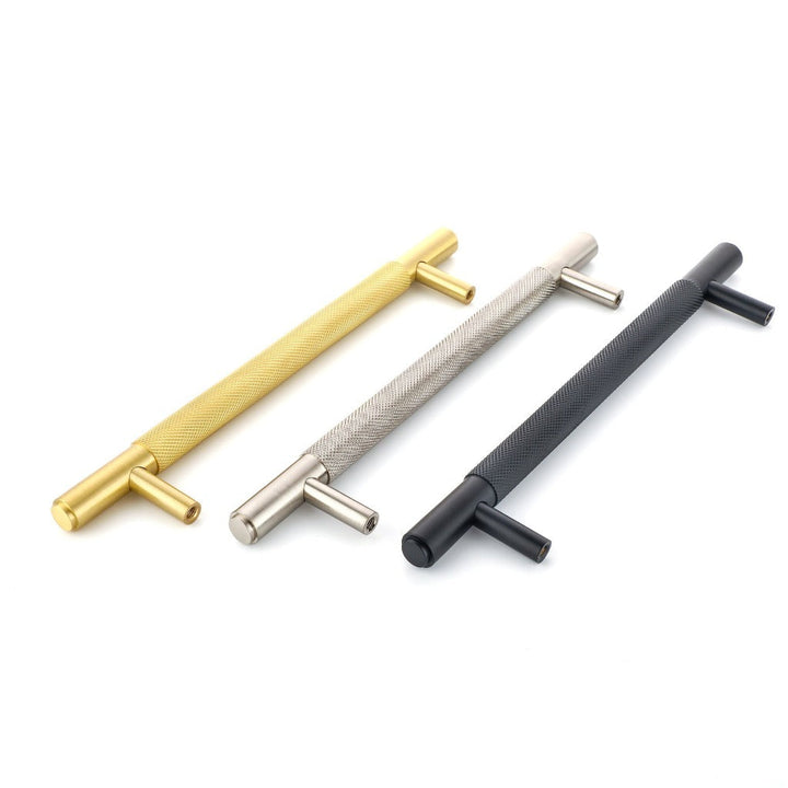 Specter Knurled Cabinet Pull in brass, silver and black