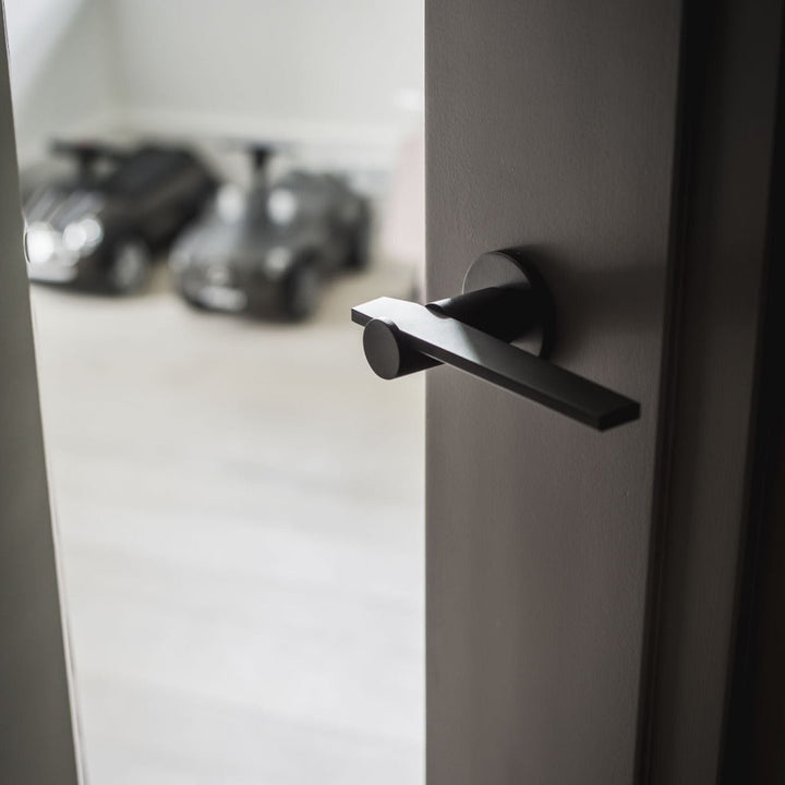 Tense door lever in black on dark door