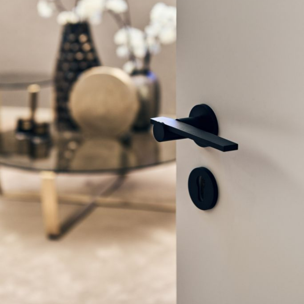 A close up of a Formani TENSE BBY53 Escutcheon on a door.
