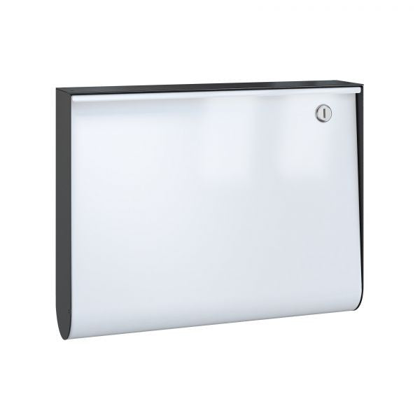 A white and black wall-mounted Serafini U-Box Mailbox dispenser.