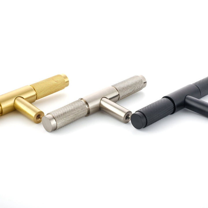 Wraith Knurled T-Bar Pull made from solid brass and finished in matte black, satin brass and satin silver