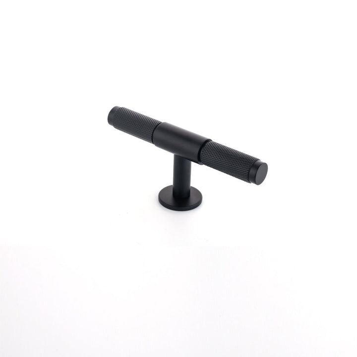 Wraith Knurled T-Bar Pull made from solid brass and finished in matte black, satin brass and satin silver