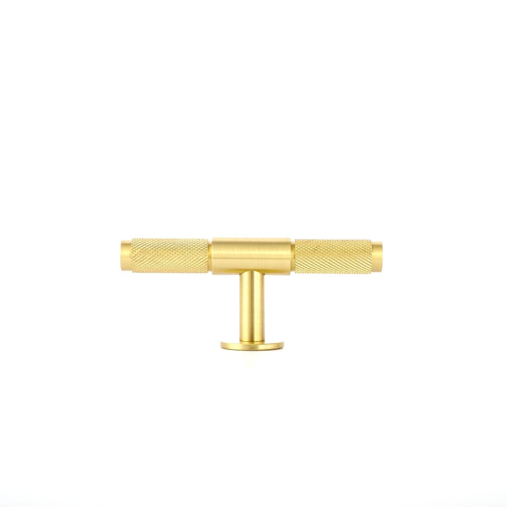 Wraith Knurled T-Bar Pull made from solid brass and finished in matte black, satin brass and satin silver