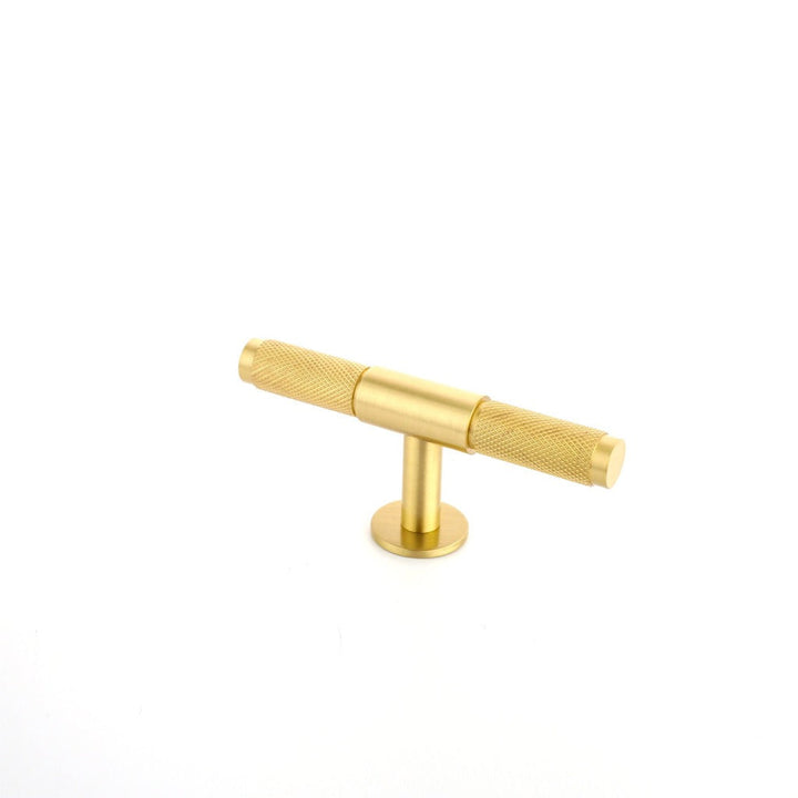 Wraith Knurled T-Bar Pull made from solid brass and finished in matte black, satin brass and satin silver