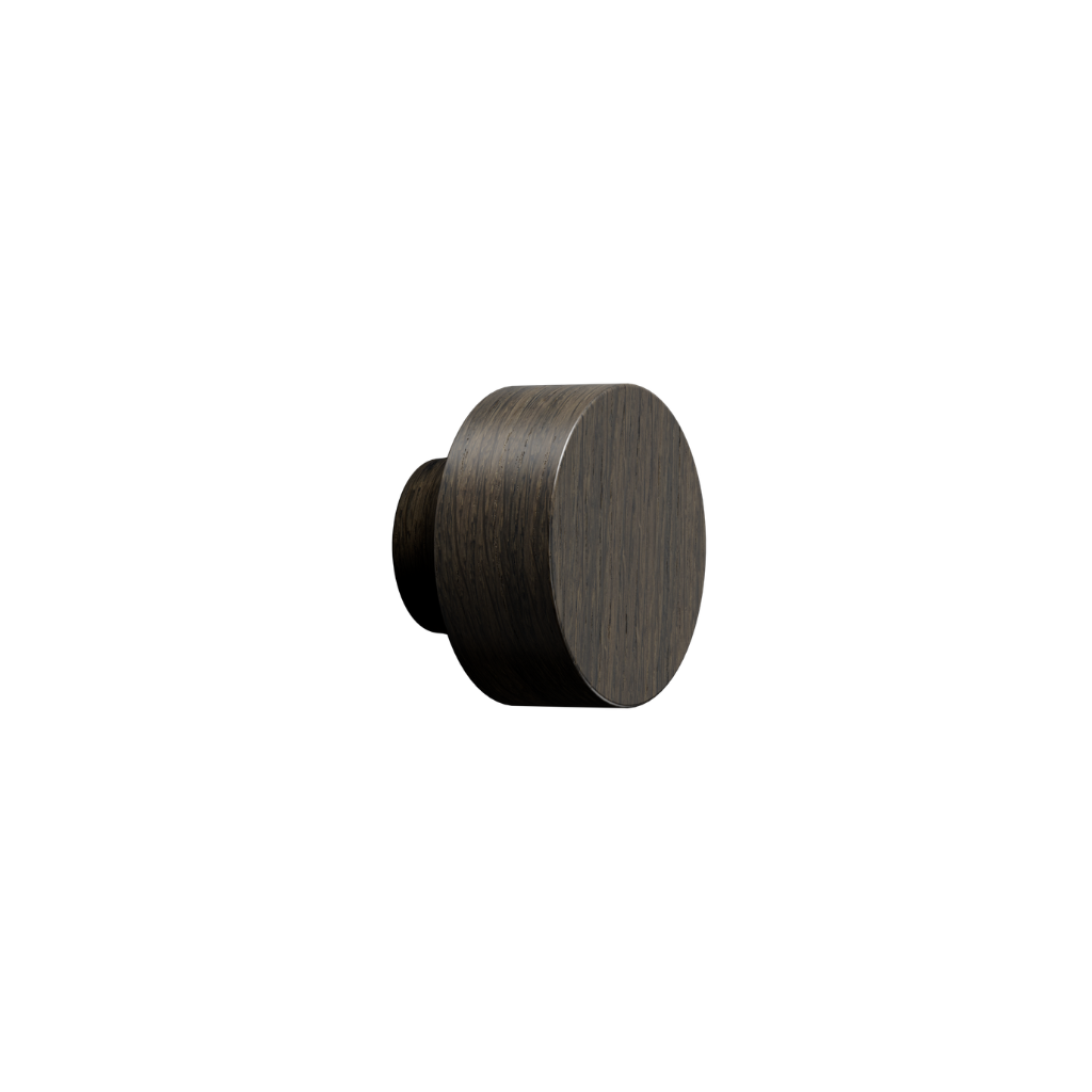 Dark brown oak Furnipart Row cabinet knob, a round turned knob with a flat 40 mm face.
