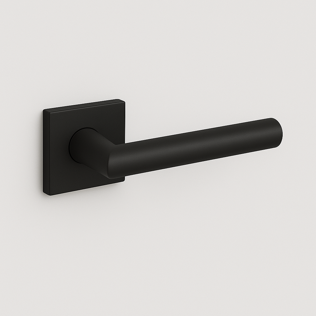 Matte black AHI 103 door lever, a straight round-bar lever on a square rose.
