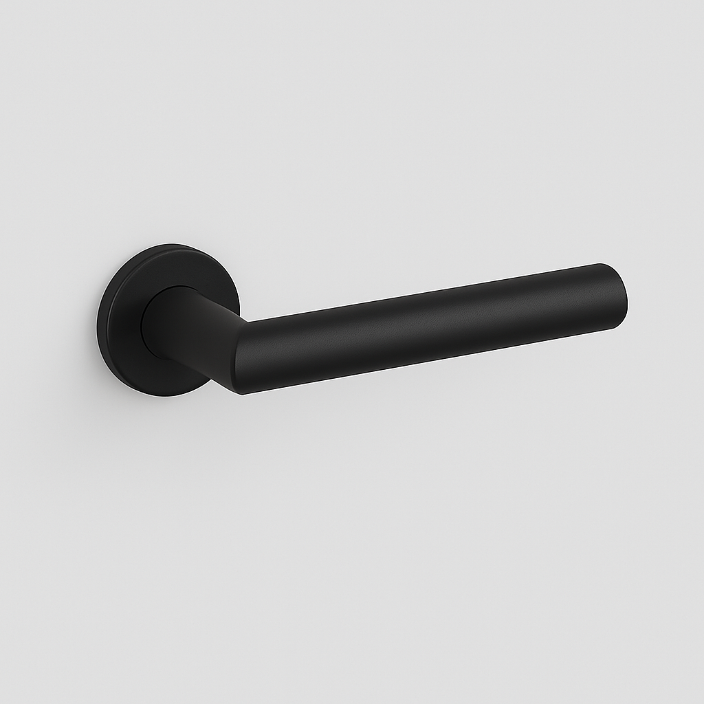 Matte black AHI 103 door lever, a straight round-bar lever on a round rose.