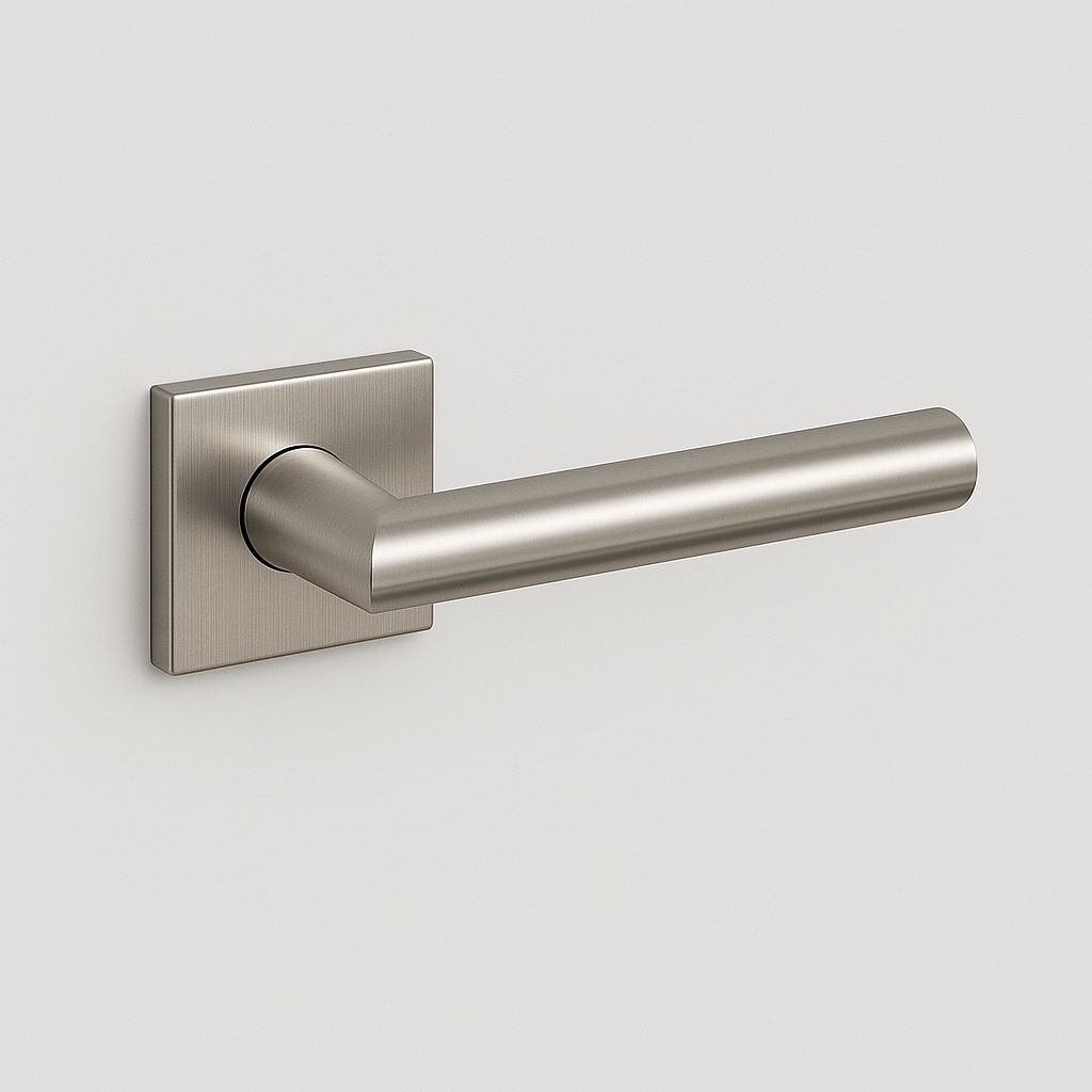 Satin stainless steel AHI 103 door lever, a straight round-bar lever on a square rose.