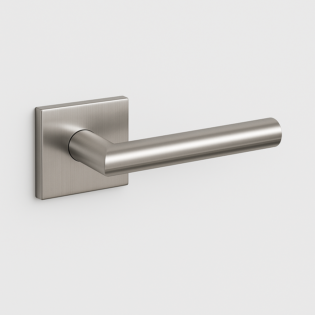Satin stainless steel AHI 103 door lever, a straight round-bar lever on a square rose.