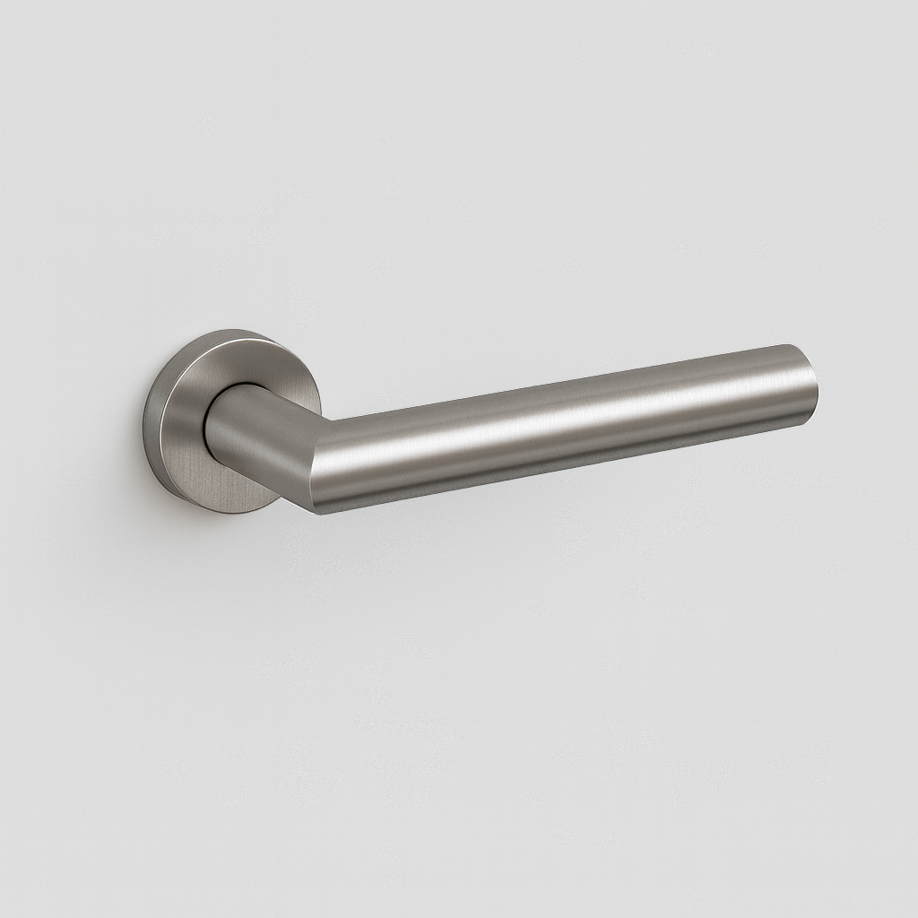 Satin stainless steel AHI 103 door lever, a straight round-bar lever on a round rose.