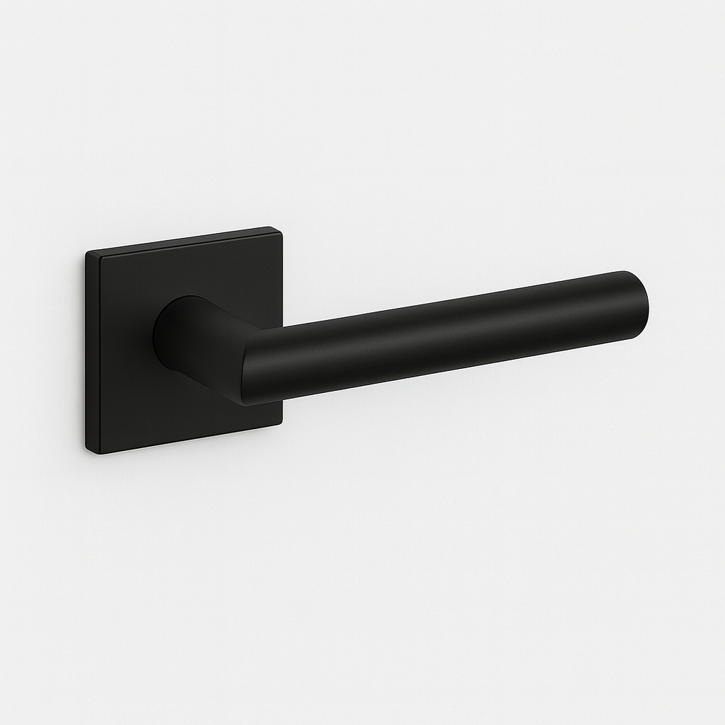 Matte black AHI 103 door lever, a straight round-bar lever on a square rose.