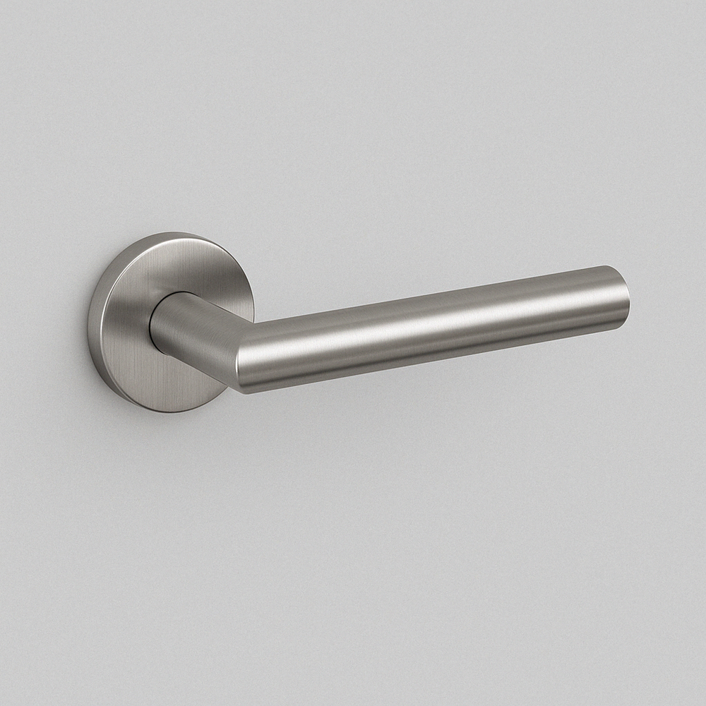 Satin stainless steel AHI 103 door lever, a straight round-bar lever on a round rose.