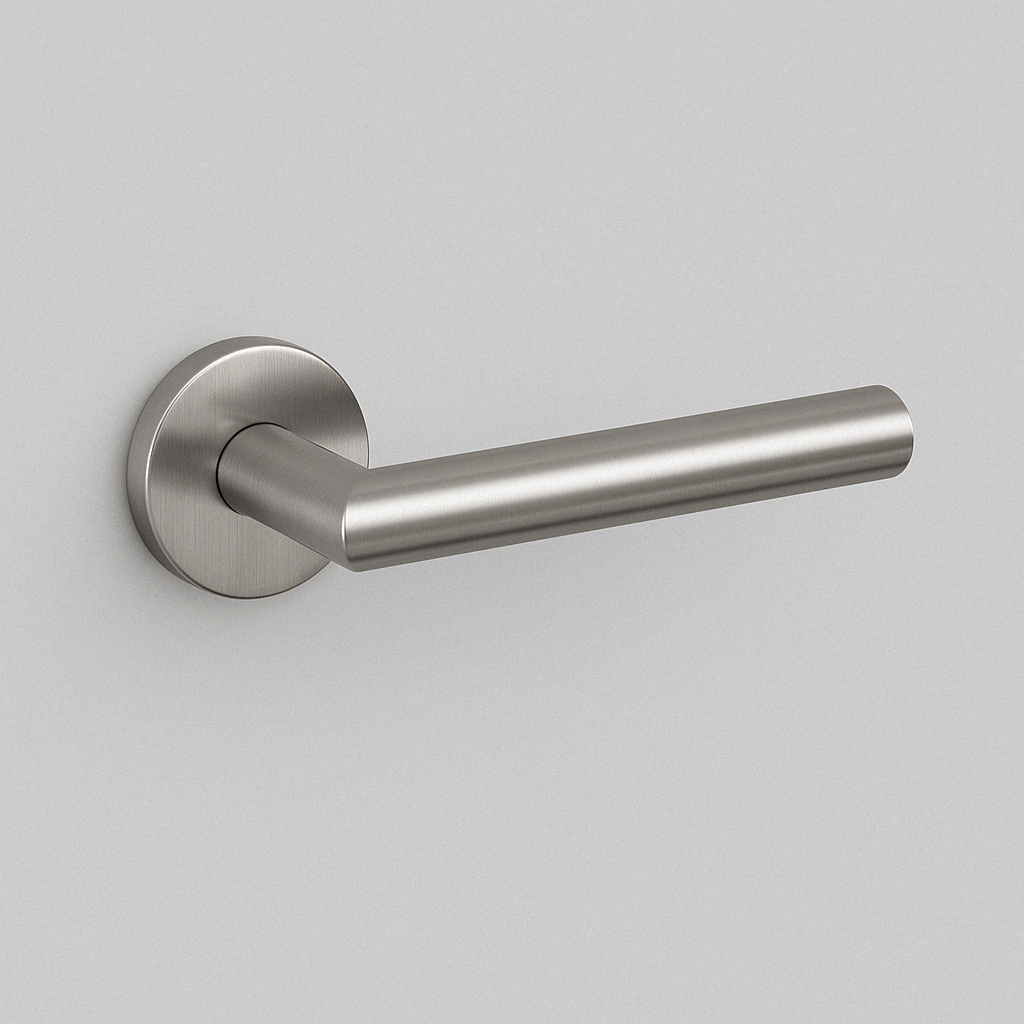 Satin stainless steel AHI 103 door lever, a straight round-bar lever on a round rose.